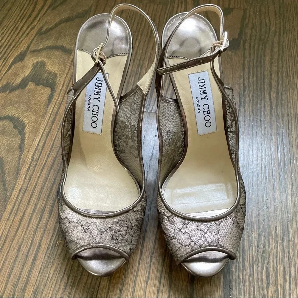 Jimmy Choo Metallic Brown Lace Dahlia Peep Toe Pumps Size 37